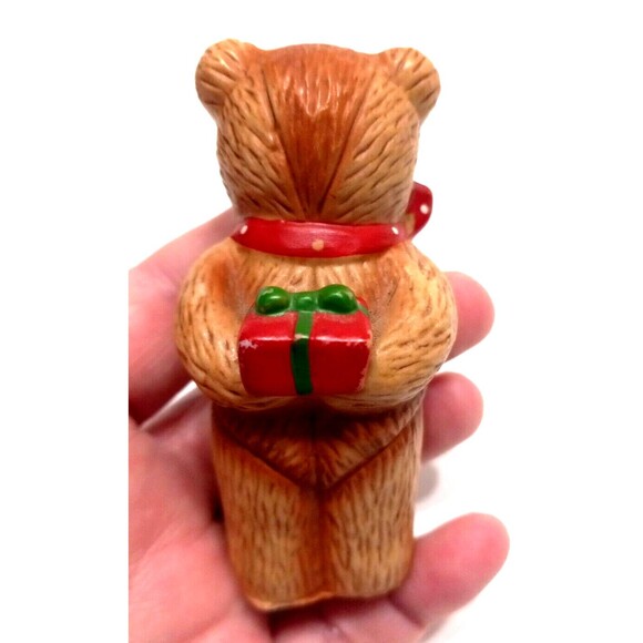 Vintage Enesco Lucy and Me Bear Hiding Present Red Polka Dot Bow 3 Inches Tall - Picture 5 of 7